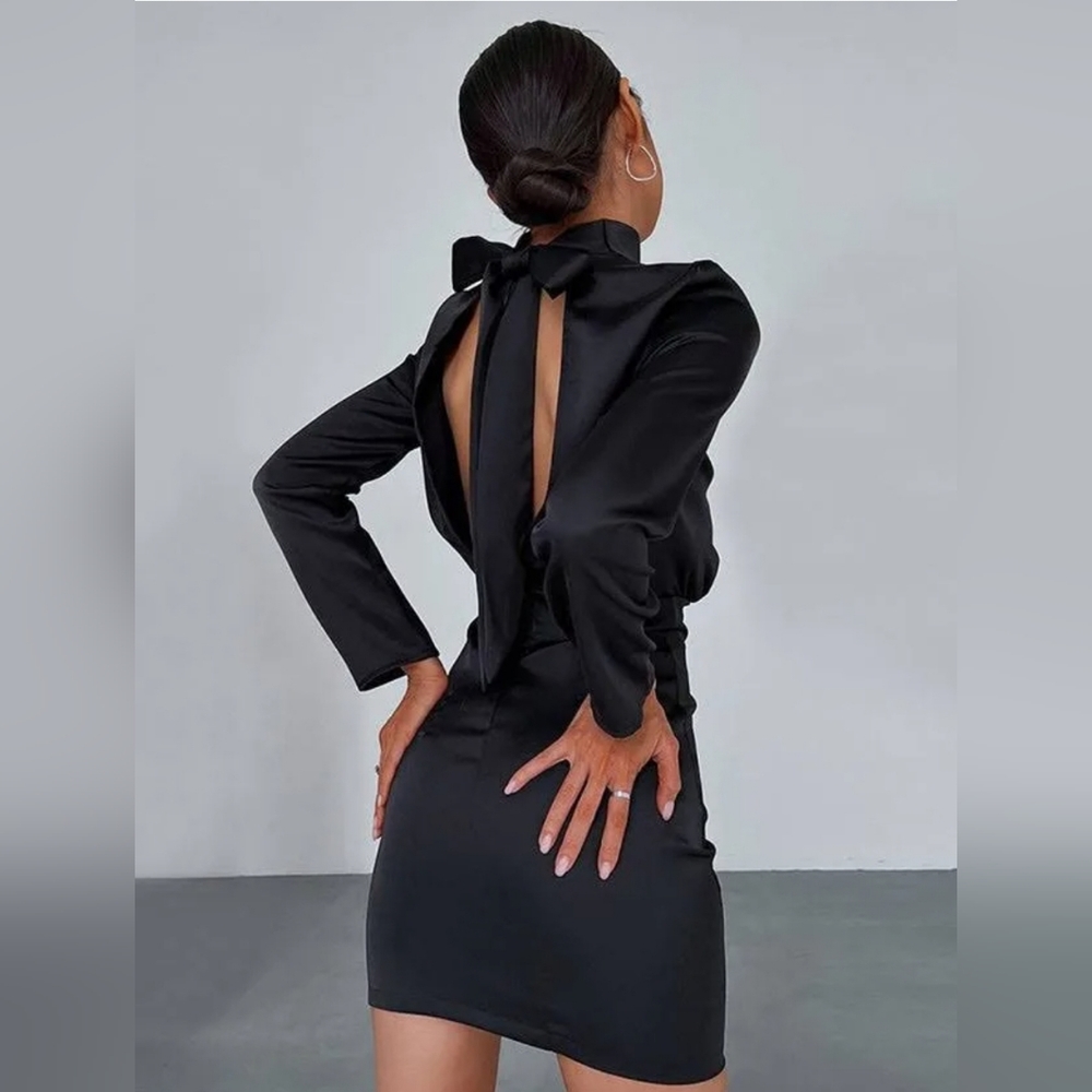 Black Satin Mock Neck Long Sleeve Mini Dress